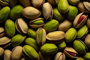 AI generated Macro background of ripe pistachios. Close up texture view. AI generated. photo