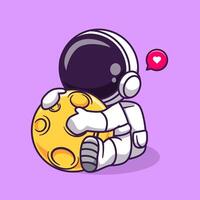 Cute Astronaut Hugging Moon Cartoon Vector Icon Illustration. Science Technology Icon Concept Isolated Premium Vector. Flat Cartoon Style