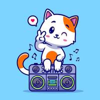 Cute Cat Sitting On Boombox Radio Cartoon Vector Icon Illustration. Animal Music Icon Concept Isolated Premium Vector. Flat Cartoon Style