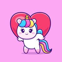 Cute Unicorn Bring Love Heart Cartoon Vector Icon Illustration. Animal Love Icon Concept Isolated Premium Vector. Flat Cartoon Style