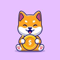 Cute Shiba Inu Dog Holding Gold Coin Cartoon Vector Icon Illustration. Animal Finance Icon Concept Isolated Premium Vector. Flat Cartoon Style