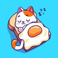 Cute Cat Sleeping On Bread With Egg Blanket Cartoon Vector Icon Illustration. Animal Food Icon Concept Isolated Premium Vector. Flat Cartoon Style