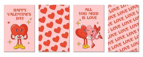 Set with groovy hearts cards for Valentine's Day. Trendy retro 60s 70d style. vector