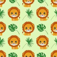 seamless pattern with lion and tropical leaves vector