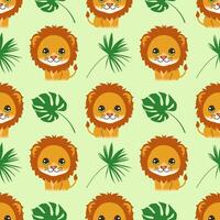 seamless pattern with lion and tropical leaves vector