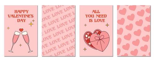 Set of minimalism cards with heart-shaped box of chocolates and two glasses of champagne for Valentine's Day. vector