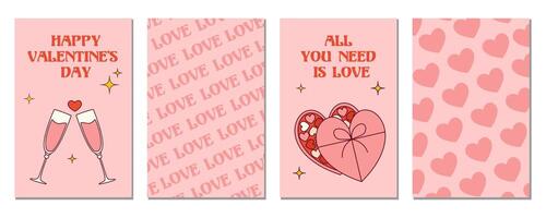 Set of minimalism cards with heart-shaped box of chocolates and two glasses of champagne for Valentine's Day. vector