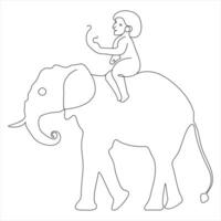 Single line continuous drawing of man riding elephant and concept world wild life day outline vector illustration