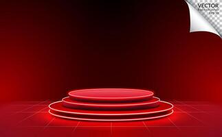 Red three steps podium with neon light background for digital business technology product vector