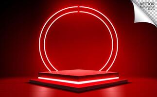 Red podium with neon light ring background scene for digital business technology product vector