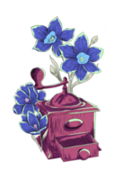 Vintage coffee grinder with flower botanical sketch hand drawn png