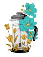 Coffeepress flower, good coffee, illustration for coffee shop png