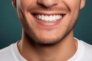 ai generado hombre con blanco como la nieve sonrisa con hermosa Derecho dientes, estudio disparo foto