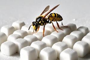 ai generado un abeja se sienta en blanco azúcar cubitos foto