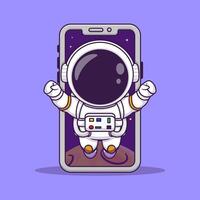 Cute astronaut flying from phone cartoon vector icon illustration science technology flat