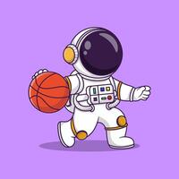 Cute astronaut playing basketball cartoon vector icon illustration. science sport isolated.