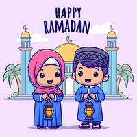 Cute girl and boy moslem bring lantern lamp celebrating ramadan cartoon vector icon illustration.
