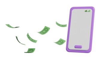Smartphone, Handy, Mobiltelefon Telefon mit Banknote isoliert. Internet Banken, online Einkaufen Konzept, 3d Illustration machen png