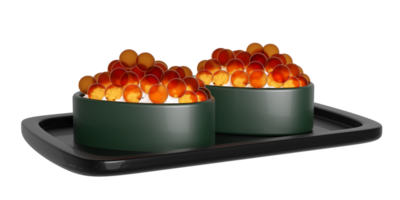 rolled sushi of salmon roe nigiri on food tray, japanese food isolated concept, 3d render illustration png
