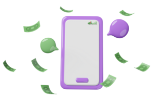 Smartphone, Móvel telefone com nota de banco, bate-papo bolhas isolado. Internet bancário, conectados social, comunicação formulários conceito, 3d ilustração render png
