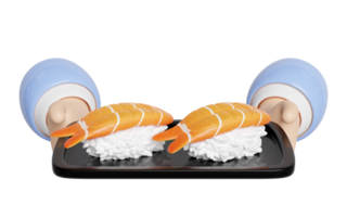 3d hand hold shrimp onigiri sushi with food tray, japanese food isolated concept, 3d render illustration png