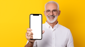 ai generado sonriente mayor hombre presentación un teléfono inteligente con transparente mostrar, aislado en un vibrante amarillo fondo, ideal para digital tecnología conceptos. png