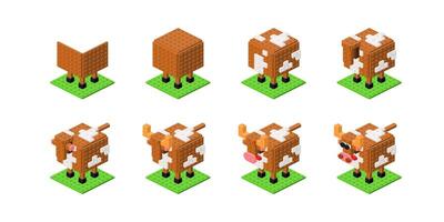 Step by step construction of a spotted cow using plastic blocks in isometry. Vector