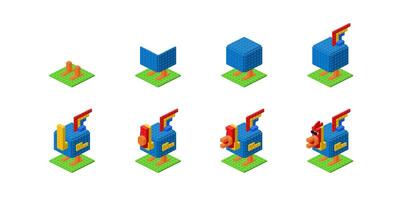 Step-by-step construction of a rooster from plastic blocks in isometry. Vector