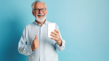 ai generiert lächelnd Senior Mann zeigen Telefon mit transparent Anzeige und geben Daumen oben auf ein Blau Hintergrund, Billigung Technologie. png