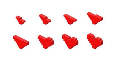 Step-by-step construction of a red heart from plastic blocks in isometry. Vector