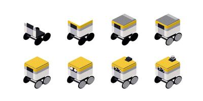 Step-by-step construction of a courier robot from plastic blocks in isometry. Vector