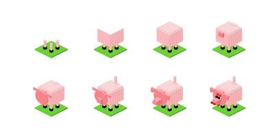 paso a paso construcción de un rosado cerdo desde el plastico bloques en isometría vector