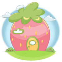 Cartoon house strawberry garden and sky hand drawn png