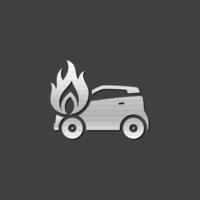 Car on fire icon in metallic grey color style. Automotive accident accident vector