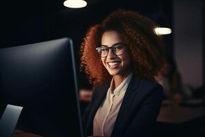 AI generated Beautiful young woman curly blonde hair using conputer laptop in the office and smiling. Portrait of a successful happy business women in modern glasses on a light background of  office. photo