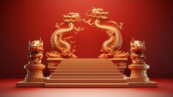 AI generated Chinese new year and golden dragon year podium photo