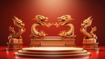 AI generated Chinese new year and golden dragon year podium photo