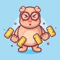 funny pig animal character mascot doing bodybuilding using dumbbell isolated cartoon in flat style design vector