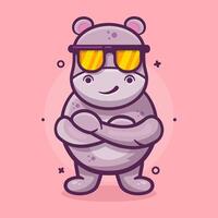 frio hipopótamo animal personaje mascota con cruzado brazos aislado dibujos animados en plano estilo diseño vector