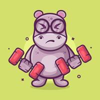 funny hippo animal character mascot doing bodybuilding using dumbbell isolated cartoon vector