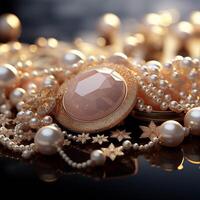 AI generated Beautiful group of shiny pearls on soft background with sparkles and light beams with copy space. photo