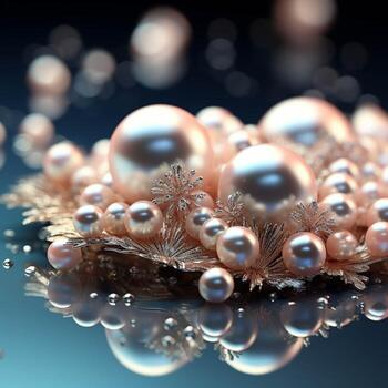 AI generated Beautiful group of shiny pearls on soft background with sparkles and light beams with copy space. photo