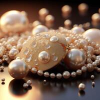 AI generated Beautiful group of shiny pearls on soft background with sparkles and light beams with copy space. photo