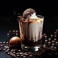 AI generated Chocolate liquid dessert with cream on dark background with reflection photo