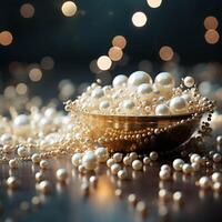 AI generated Beautiful group of shiny pearls on soft background with sparkles and light beams with copy space. photo