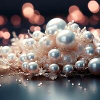 AI generated Beautiful group of shiny pearls on soft background with sparkles and light beams with copy space. photo