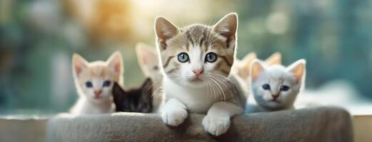 AI Generated International Cat Day background. Kittens look at camera with curiosity in their eyes. Playful and endearing essence of young feline life. Panorama with copy space. photo