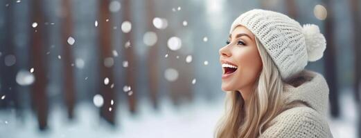 ai generado alegre mujer disfrutando el invierno nieve en un bosque, la risa como brillante como el día. panorama con Copiar espacio. blanco antecedentes. foto