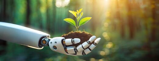 AI Generated A robotic hand cradles a small plant against a forest backdrop. A stark representation of technology meeting nature, a robot arm gently holds a green sprout, sustainable growth. Earth day photo