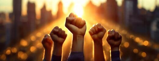 AI Generated Raised fists caught in the sunset symbolize unity and strength. Silhouettes of workers raised hands during parade at dusk. Power and solidarity of a group celebrating Republic Day in photo